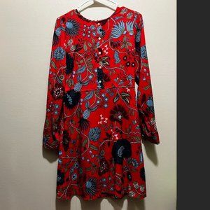 LOFT Floral Print Longsleeve Red and Blue Dress, Size 4